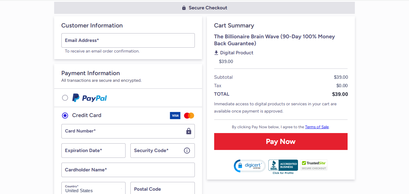 Billionaire Brain Wave checkout page